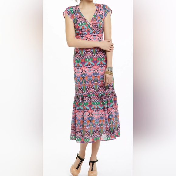 Anthropologie Dresses & Skirts - Anthropologie Vanessa Virginia Pink Tiered Boho Beaded Ruffle Mural Maxi Dress 8